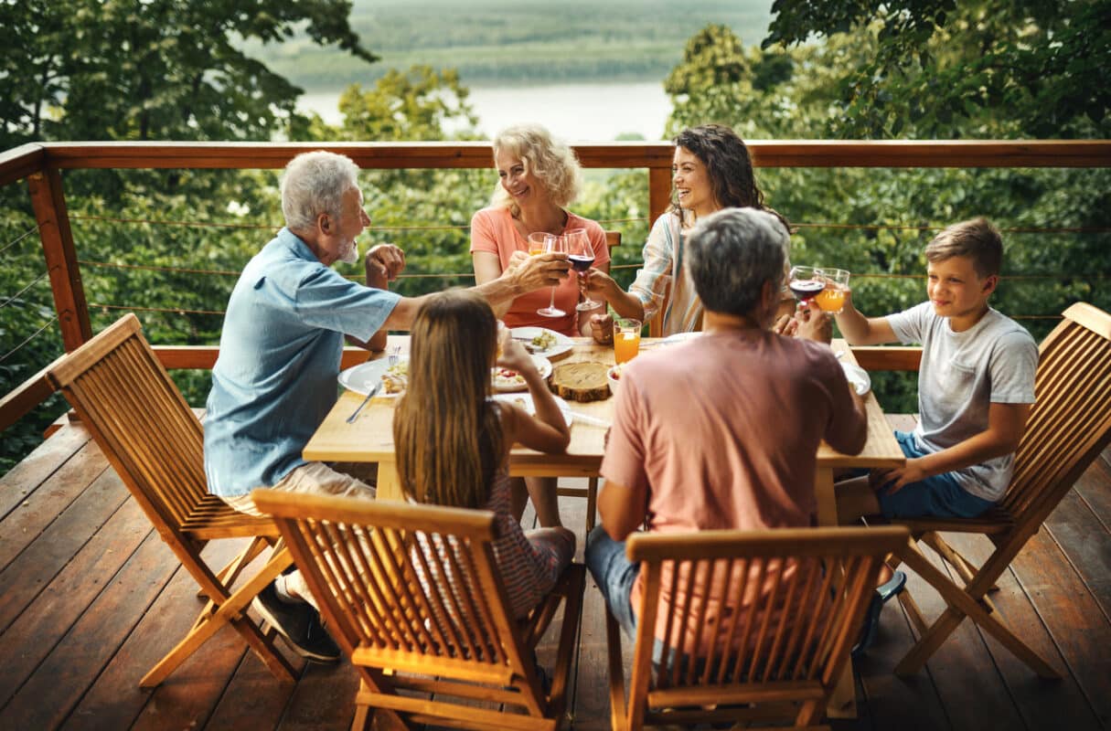 alfresco dining on decking in garden