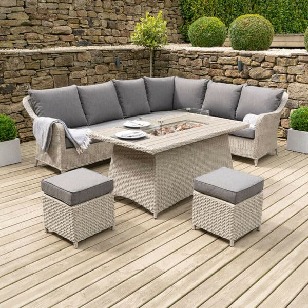 Pacific Lifestyle Stone Grey Antigua Corner Set with Polywood Top and Fire Pit