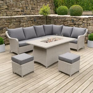 Pacific Lifestyle Stone Grey Antigua Corner Set with Polywood Top and Fire Pit