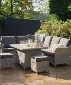 Pacific Lifestyle Stone Grey Antigua Corner Set with Ceramic Top and Fire Pit