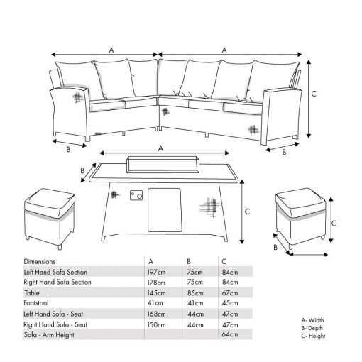 Pacific Lifestyle Slate Grey Barbados Corner Set Long Right with Ceramic Top and Fire Pit