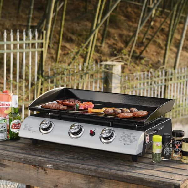 Callow Gas BBQ 3 Burner Plancha in Stainless Steel with Stand and Side Tables