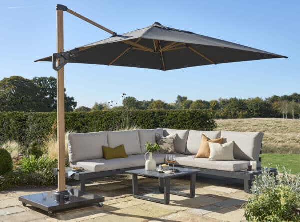 Norfolk Leisure 3m Square Royce Ambassador NO LED - Wood Look Frame Cantilever Parasol & Cover - Smoke Grey