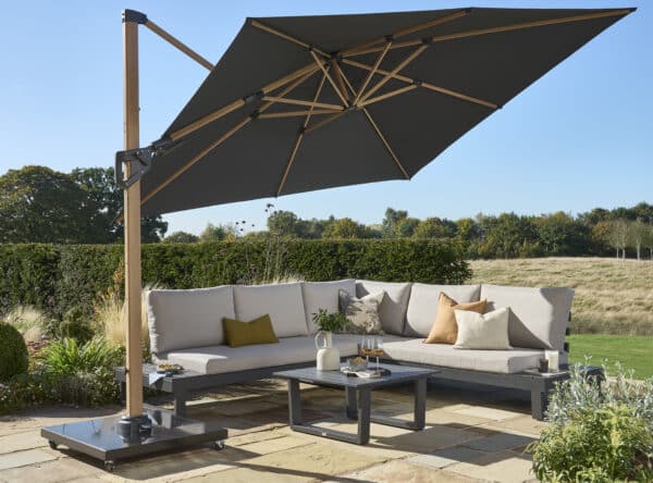 Norfolk Leisure 3m Square Royce Ambassador NO LED - Wood Look Frame Cantilever Parasol & Cover - Smoke Grey