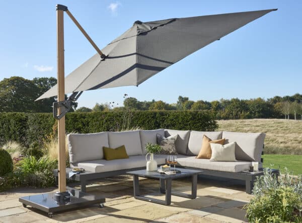 Norfolk Leisure 3m Square Royce Ambassador NO LED - Wood Look Frame Cantilever Parasol & Cover - Smoke Grey