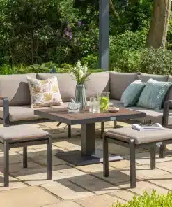 Hemsby Mini Corner Outdoor Lounge Set with Height Adjustable Table - Black Aluminium Frame & Light Taupe Cushions