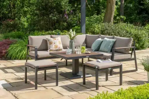 Hemsby Mini Corner Outdoor Lounge Set with Height Adjustable Table - Black Aluminium Frame & Light Taupe Cushions