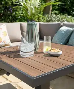 Hemsby Mini Corner Outdoor Lounge Set with Height Adjustable Table - Black Aluminium Frame & Light Taupe Cushions