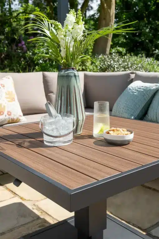 Hemsby Mini Corner Outdoor Lounge Set with Height Adjustable Table - Black Aluminium Frame & Light Taupe Cushions