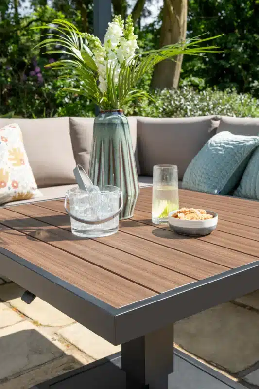 Hemsby Mini Corner Outdoor Lounge Set with Height Adjustable Table - Black Aluminium Frame & Light Taupe Cushions